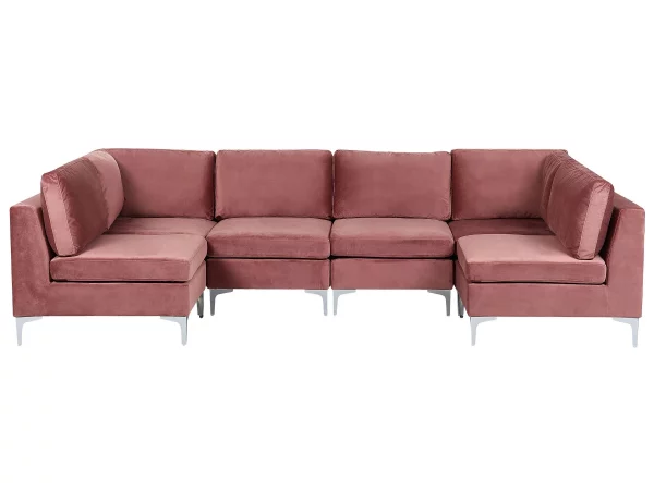 6 Seater U-Shaped Modular Velvet Sofa Pink EVJA DEF