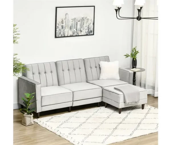 HOMCOM Sofá Cama com Chaise Longue de 3 Lugares Tato Aveludado com Encosto Ajustável e Apoio para os Pés Móvel 218x85x86cm Cinza