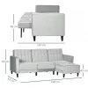 HOMCOM Sofá Cama com Chaise Longue de 3 Lugares Tato Aveludado com Encosto Ajustável e Apoio para os Pés Móvel 218x85x86cm Cinza