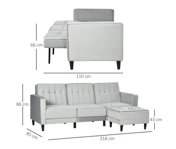 HOMCOM Sofá Cama com Chaise Longue de 3 Lugares Tato Aveludado com Encosto Ajustável e Apoio para os Pés Móvel 218x85x86cm Cinza