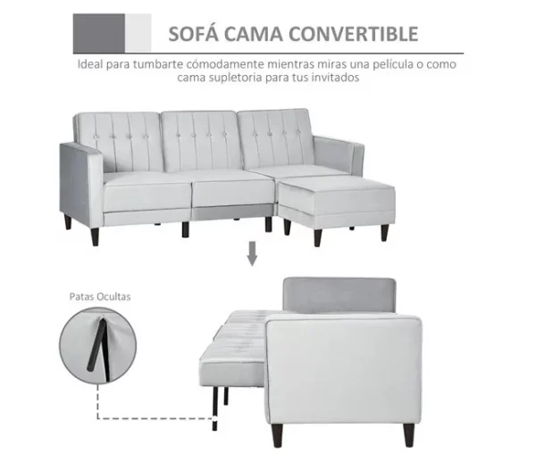 HOMCOM Sofá Cama com Chaise Longue de 3 Lugares Tato Aveludado com Encosto Ajustável e Apoio para os Pés Móvel 218x85x86cm Cinza