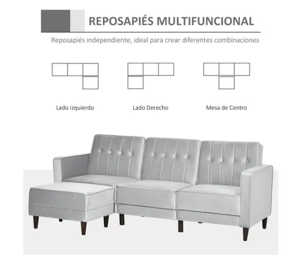 HOMCOM Sofá Cama com Chaise Longue de 3 Lugares Tato Aveludado com Encosto Ajustável e Apoio para os Pés Móvel 218x85x86cm Cinza