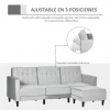 HOMCOM Sofá Cama com Chaise Longue de 3 Lugares Tato Aveludado com Encosto Ajustável e Apoio para os Pés Móvel 218x85x86cm Cinza