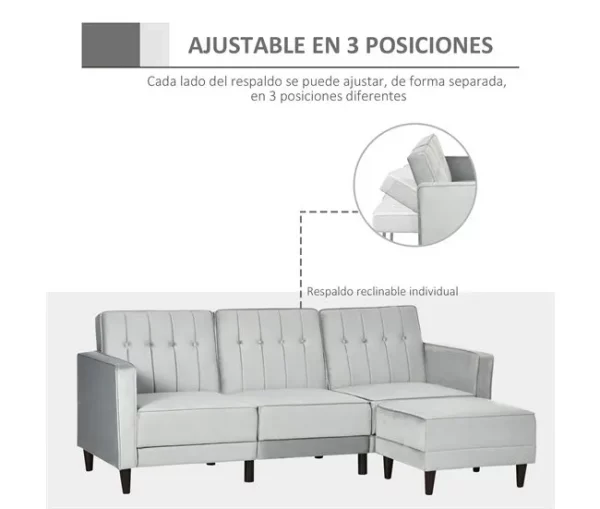 HOMCOM Sofá Cama com Chaise Longue de 3 Lugares Tato Aveludado com Encosto Ajustável e Apoio para os Pés Móvel 218x85x86cm Cinza