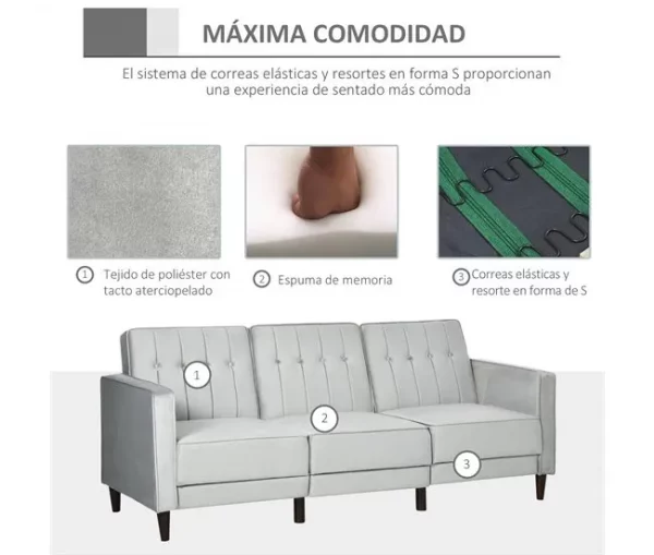HOMCOM Sofá Cama com Chaise Longue de 3 Lugares Tato Aveludado com Encosto Ajustável e Apoio para os Pés Móvel 218x85x86cm Cinza