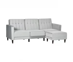 HOMCOM Sofá Cama com Chaise Longue de 3 Lugares Tato Aveludado com Encosto Ajustável e Apoio para os Pés Móvel 218x85x86cm Cinza