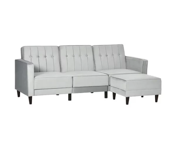 HOMCOM Sofá Cama com Chaise Longue de 3 Lugares Tato Aveludado com Encosto Ajustável e Apoio para os Pés Móvel 218x85x86cm Cinza