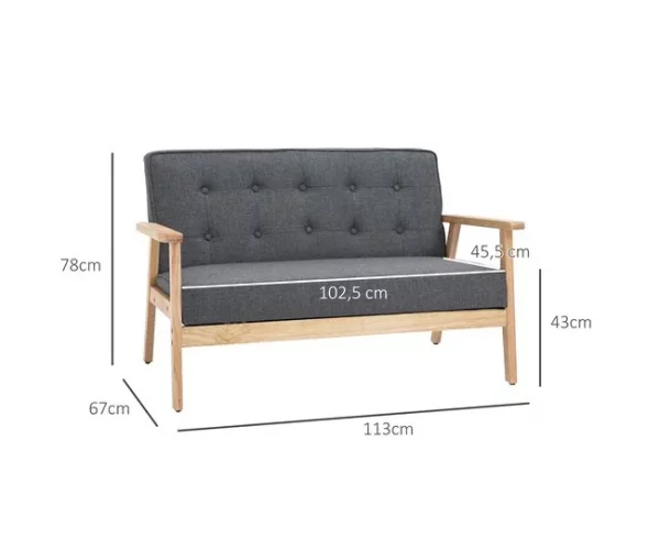 HOMCOM Sofá de 2 Lugares com Encosto e Almofadas Acolchoados Pés de Madeira Antiderrapantes para Sala de estar Dormitório Oficina 114x66x69 cm Cinza