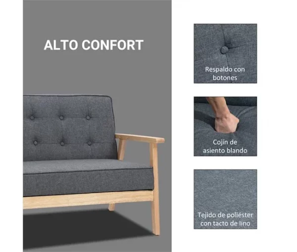 HOMCOM Sofá de 2 Lugares com Encosto e Almofadas Acolchoados Pés de Madeira Antiderrapantes para Sala de estar Dormitório Oficina 114x66x69 cm Cinza