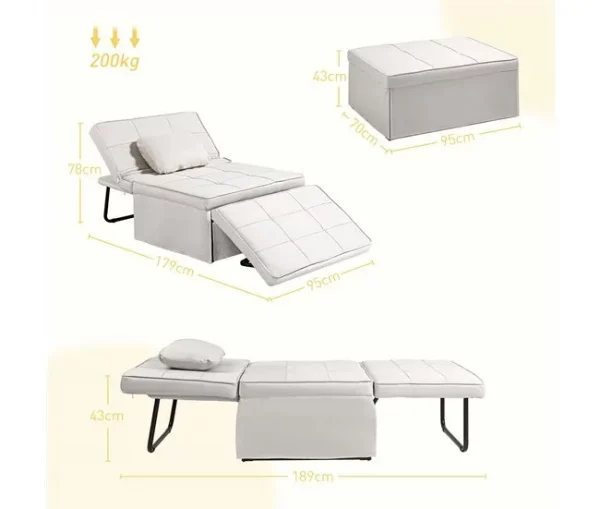 HOMCOM Sofá Cama Individual 3 em 1 Estofado em Linho Sofá Reclinável em 5 Posições com Apoio para os Pés e Apoio para a Cabeça para Sala de Estar Carga Máxima 200kg 95x189x43 cm Branco Gelo