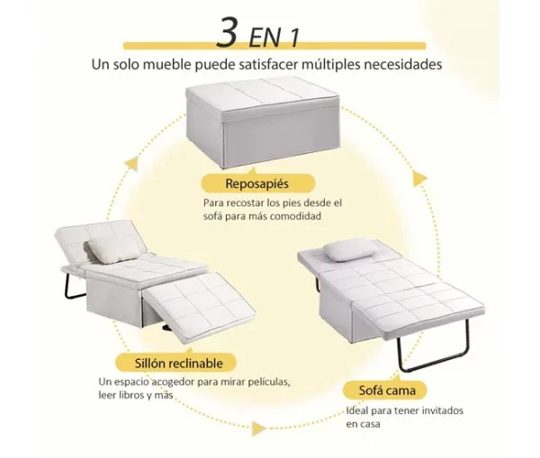 HOMCOM Sofá Cama Individual 3 em 1 Estofado em Linho Sofá Reclinável em 5 Posições com Apoio para os Pés e Apoio para a Cabeça para Sala de Estar Carga Máxima 200kg 95x189x43 cm Branco Gelo