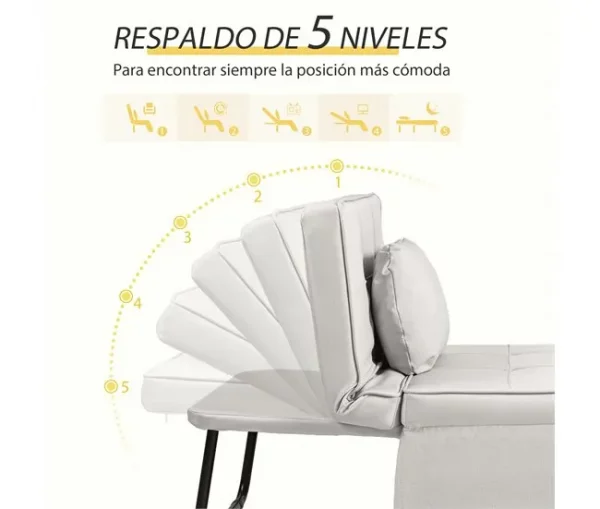 HOMCOM Sofá Cama Individual 3 em 1 Estofado em Linho Sofá Reclinável em 5 Posições com Apoio para os Pés e Apoio para a Cabeça para Sala de Estar Carga Máxima 200kg 95x189x43 cm Branco Gelo