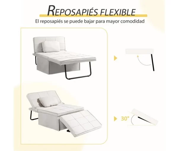 HOMCOM Sofá Cama Individual 3 em 1 Estofado em Linho Sofá Reclinável em 5 Posições com Apoio para os Pés e Apoio para a Cabeça para Sala de Estar Carga Máxima 200kg 95x189x43 cm Branco Gelo
