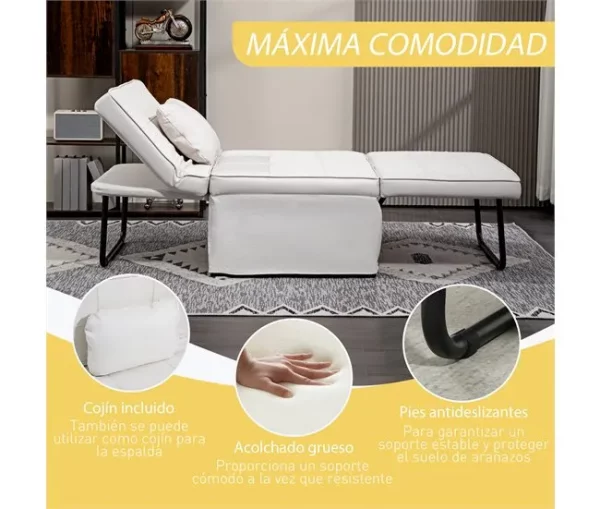 HOMCOM Sofá Cama Individual 3 em 1 Estofado em Linho Sofá Reclinável em 5 Posições com Apoio para os Pés e Apoio para a Cabeça para Sala de Estar Carga Máxima 200kg 95x189x43 cm Branco Gelo