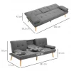 HOMCOM Sofá Cama 3 Lugares Sofá Cama Dobrável com Encosto Ajustável de 3 Níveis Apoio para os Braços Desmontável e 2 Suportes para Copos 181x77x78 cm Cinza