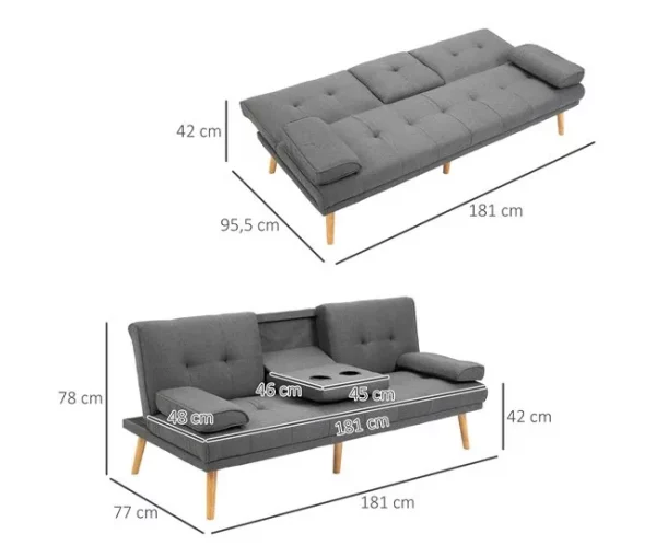 HOMCOM Sofá Cama 3 Lugares Sofá Cama Dobrável com Encosto Ajustável de 3 Níveis Apoio para os Braços Desmontável e 2 Suportes para Copos 181x77x78 cm Cinza