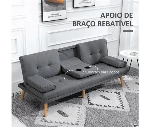 HOMCOM Sofá Cama 3 Lugares Sofá Cama Dobrável com Encosto Ajustável de 3 Níveis Apoio para os Braços Desmontável e 2 Suportes para Copos 181x77x78 cm Cinza
