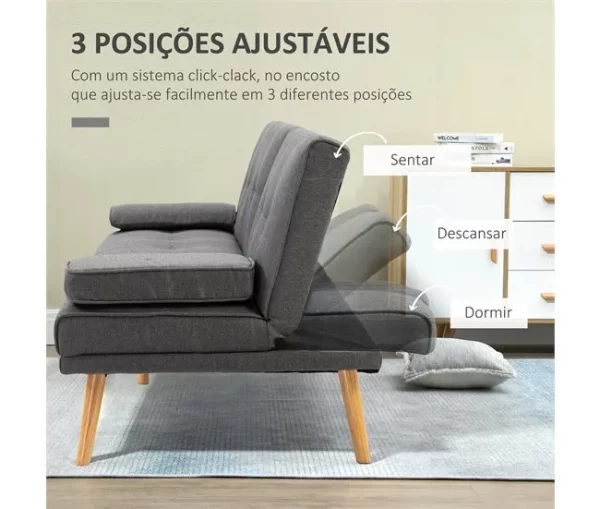 HOMCOM Sofá Cama 3 Lugares Sofá Cama Dobrável com Encosto Ajustável de 3 Níveis Apoio para os Braços Desmontável e 2 Suportes para Copos 181x77x78 cm Cinza