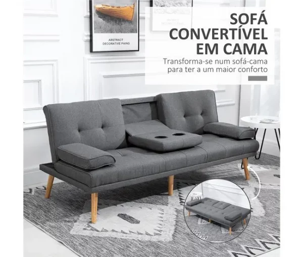 HOMCOM Sofá Cama 3 Lugares Sofá Cama Dobrável com Encosto Ajustável de 3 Níveis Apoio para os Braços Desmontável e 2 Suportes para Copos 181x77x78 cm Cinza