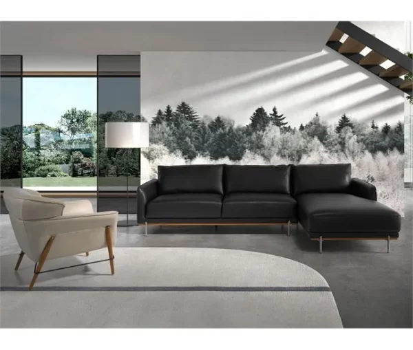 Sofá chaise longue direito em pele preta