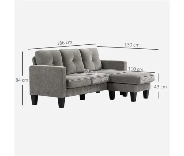 HOMCOM Sofá Chaise Longue Sofá em Forma de L Estofado em Poliéster Sofá de Canto Reversível com 3 Almofadas e Pés de Madeira para Sala de Estar Carga Máxima 180 kg 186x130x84 cm Marrom Degradado