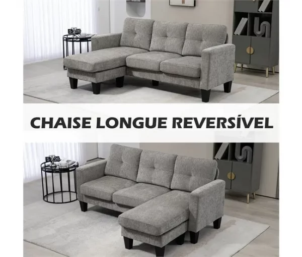 HOMCOM Sofá Chaise Longue Sofá em Forma de L Estofado em Poliéster Sofá de Canto Reversível com 3 Almofadas e Pés de Madeira para Sala de Estar Carga Máxima 180 kg 186x130x84 cm Marrom Degradado