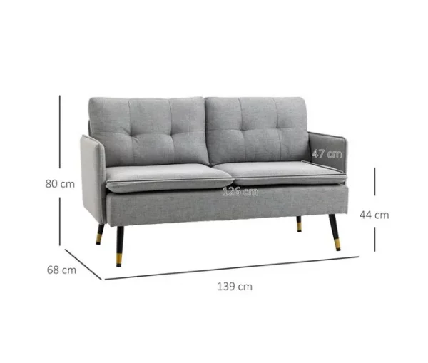 HOMCOM Sofá de 2 Lugares Sofá Moderno Estofado em Poliéster com 4 Almofadas Apoio para os Braços e Pés de Aço para Sala de Estar Escritório Carga Máxima 240 kg 139x68x80 cm Cinza