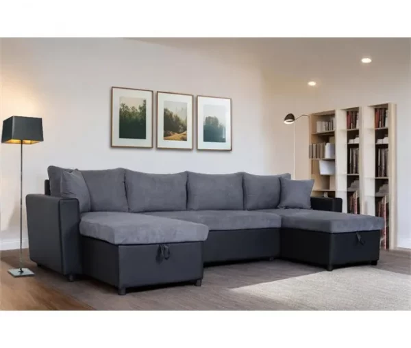 Sofá de canto U com cama 4 lugares e duas arcas GOLF cinza e preto