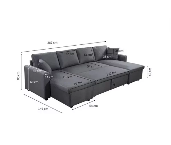 Sofá de canto U com cama 4 lugares e duas arcas GOLF cinza e preto