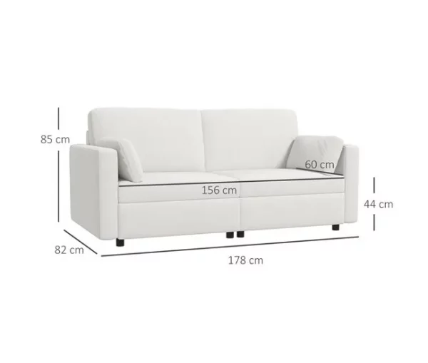 HOMCOM Sofá de 3 Lugares Sofá Sala de Estar Estofado em Poliéster com 2 Almofadas Acolchoadas Sofá Elegante 178x82x85 cm Creme