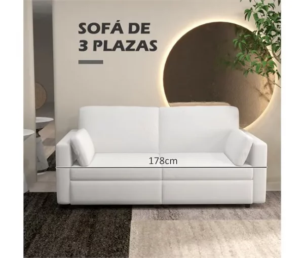 HOMCOM Sofá de 3 Lugares Sofá Sala de Estar Estofado em Poliéster com 2 Almofadas Acolchoadas Sofá Elegante 178x82x85 cm Creme