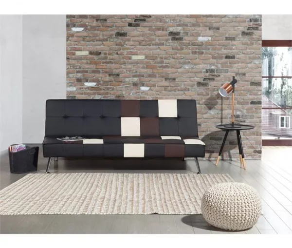 Sofá-cama de 3 lugares em pele sintética patchwork preto castanho e branco OLSKER