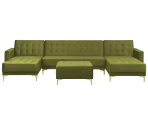 Sofá em forma de U 5 lugares com repousa-pés em veludo verde ABERDEEN