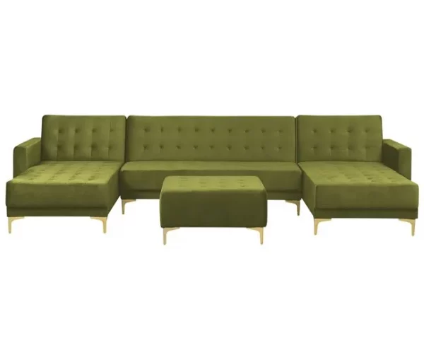 Sofá em forma de U 5 lugares com repousa-pés em veludo verde ABERDEEN