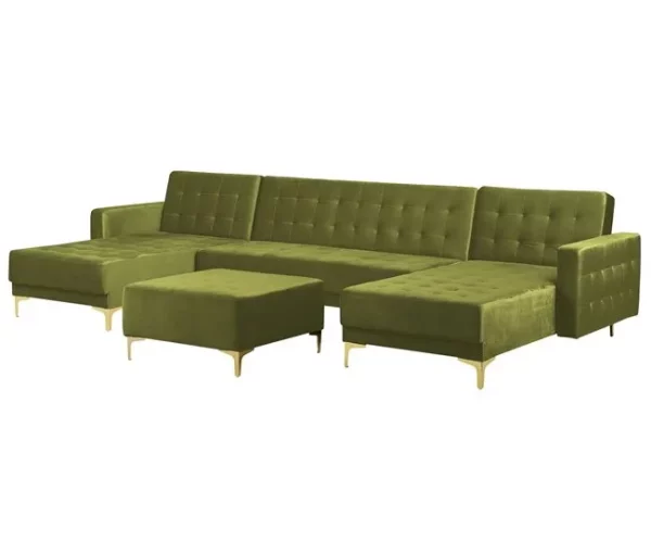 Sofá em forma de U 5 lugares com repousa-pés em veludo verde ABERDEEN