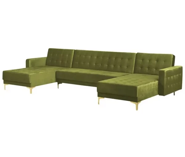 Sofá em forma de U 5 lugares com repousa-pés em veludo verde ABERDEEN