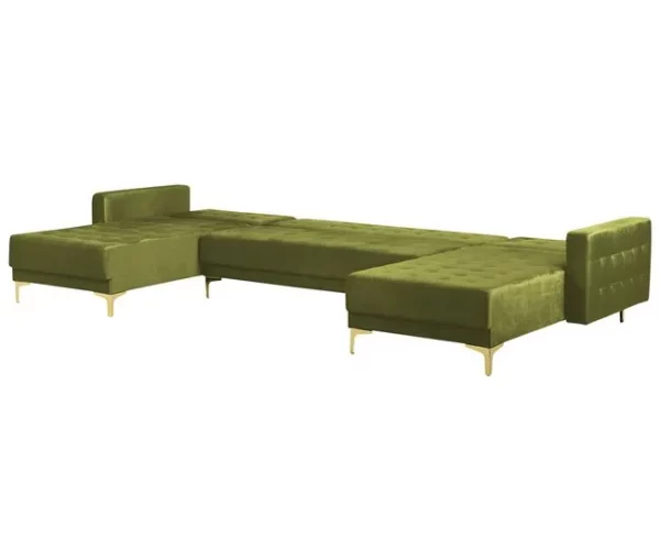 Sofá em forma de U 5 lugares com repousa-pés em veludo verde ABERDEEN