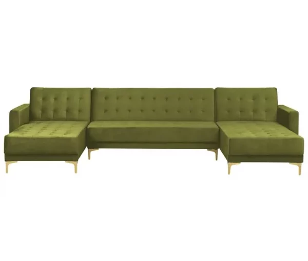 Sofá em forma de U 5 lugares com repousa-pés em veludo verde ABERDEEN