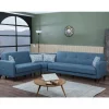 Sofá cama Dlorin, Sofá-cama de canto com 4 almofadas incluídas, Sofá da sala em tecido acolchoado com abertura click-clac, península reversível, 302x234h88 cm, Azul