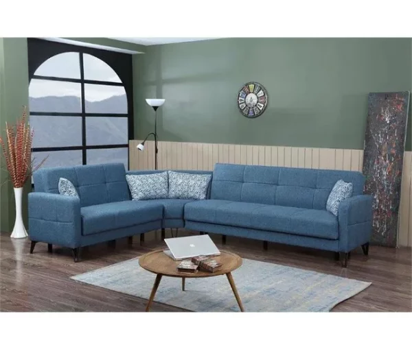 Sofá cama Dlorin, Sofá-cama de canto com 4 almofadas incluídas, Sofá da sala em tecido acolchoado com abertura click-clac, península reversível, 302x234h88 cm, Azul