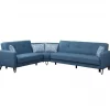 Sofá cama Dlorin, Sofá-cama de canto com 4 almofadas incluídas, Sofá da sala em tecido acolchoado com abertura click-clac, península reversível, 302x234h88 cm, Azul