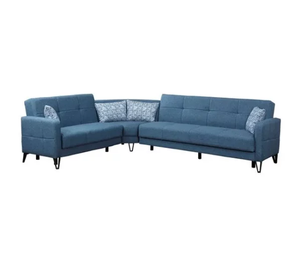 Sofá cama Dlorin, Sofá-cama de canto com 4 almofadas incluídas, Sofá da sala em tecido acolchoado com abertura click-clac, península reversível, 302x234h88 cm, Azul