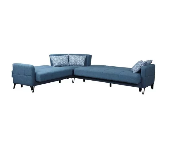 Sofá cama Dlorin, Sofá-cama de canto com 4 almofadas incluídas, Sofá da sala em tecido acolchoado com abertura click-clac, península reversível, 302x234h88 cm, Azul