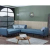 Sofá cama Dlorin, Sofá-cama de canto com 4 almofadas incluídas, Sofá da sala em tecido acolchoado com abertura click-clac, península reversível, 302x234h88 cm, Azul