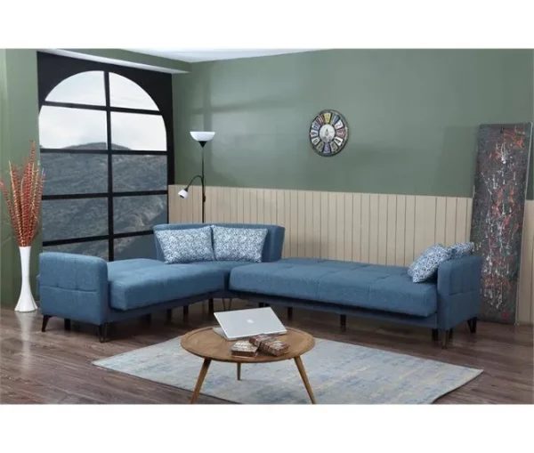 Sofá cama Dlorin, Sofá-cama de canto com 4 almofadas incluídas, Sofá da sala em tecido acolchoado com abertura click-clac, península reversível, 302x234h88 cm, Azul
