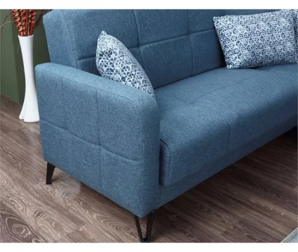Sofá cama Dlorin, Sofá-cama de canto com 4 almofadas incluídas, Sofá da sala em tecido acolchoado com abertura click-clac, península reversível, 302x234h88 cm, Azul