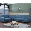 Sofá cama Dlorin, Sofá-cama de canto com 4 almofadas incluídas, Sofá da sala em tecido acolchoado com abertura click-clac, península reversível, 302x234h88 cm, Azul