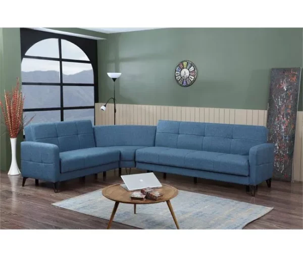 Sofá cama Dlorin, Sofá-cama de canto com 4 almofadas incluídas, Sofá da sala em tecido acolchoado com abertura click-clac, península reversível, 302x234h88 cm, Azul