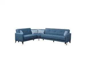 Sofá cama Dlorin, Sofá-cama de canto com 4 almofadas incluídas, Sofá da sala em tecido acolchoado com abertura click-clac, península reversível, 302x234h88 cm, Azul