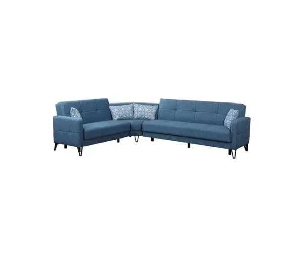 Sofá cama Dlorin, Sofá-cama de canto com 4 almofadas incluídas, Sofá da sala em tecido acolchoado com abertura click-clac, península reversível, 302x234h88 cm, Azul